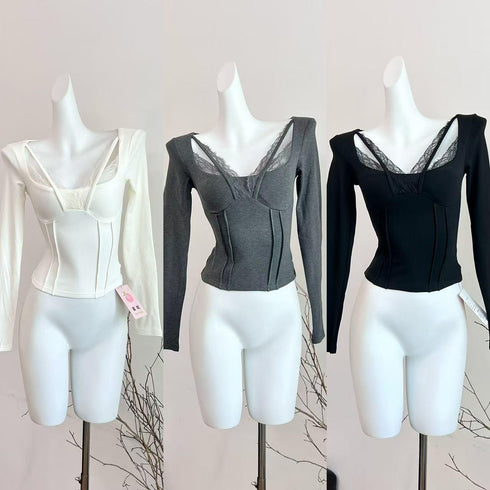 Women Padded Deep Square Neck Lacey Border Long Sleeves Tops